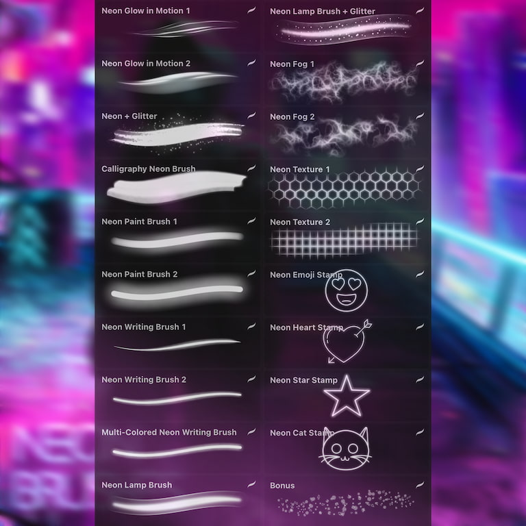 Procreate赛博朋克霓虹光笔刷预览